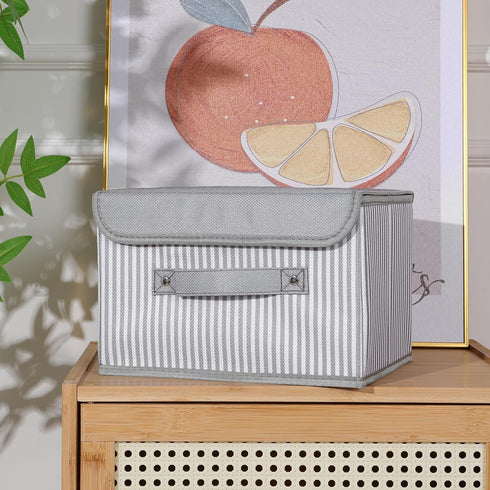 Small Fabric Storage Bin with Lid & Handle Foldable Cotton Linen Storage Basket Rectangular Cube Box Decorative Lidded Home Organizer Clothes Blan...