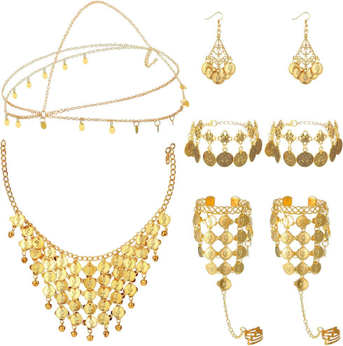 Belly Dance Jewelry Set Women Belly Dance Gold Sequins Head Chain Coins Necklace Earrings Bracelets Bohemian Tassel Anklet Chain Hand Ring Bracele...
