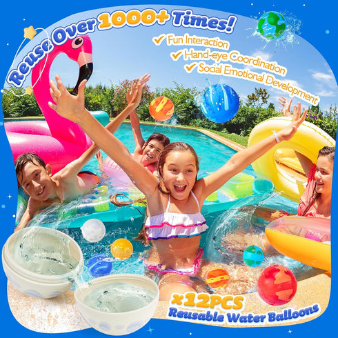 Reusable Water Balloons for Kids-12 PCS Refillable Water Ball Quick Fill Splash Balls for Summer Beach Toys Outdoor Activities Pool Toy for Boys G...