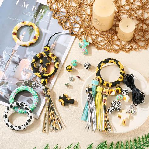BB Beadthoven 28pcs Silicone Beadable O Ring Bead for Keychain 65mm Round Silicone Loop with 2 Hole Summer Sunflower Silicone Focal Frame Pendant ...