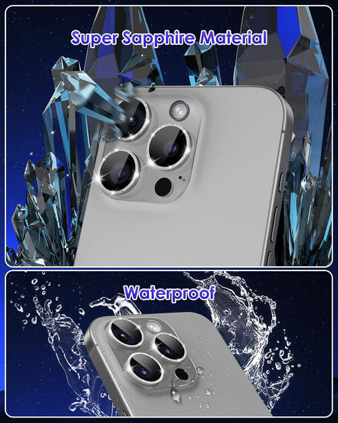 for iPhone 15 Pro/iPhone 15 Pro Max Glitter Camera Lens Protector, Clear Acrylic Plus Aluminium Alloy Ring 9H Tempered Glass Screen Camera Cover f...
