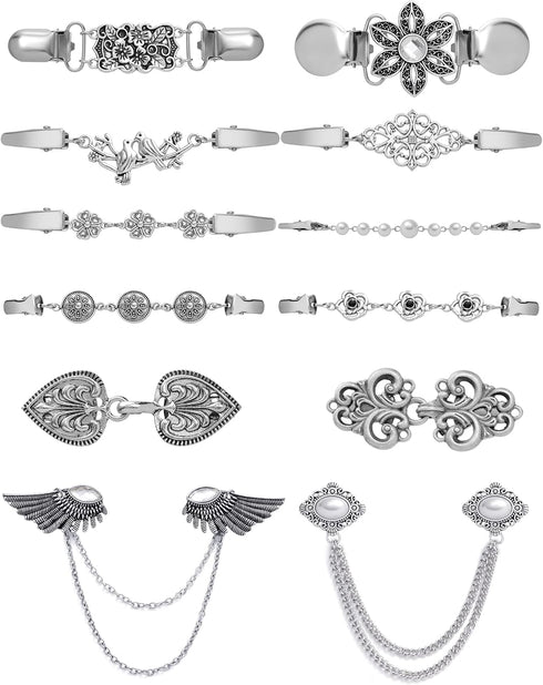 Tornito 12Pcs Vintage Sweater Shawl Clips Retro Cardigan Collar Shirt Waist Clip Dresses Chain Clip Antique Flowers Pattern Brooch Pins Clip for W...