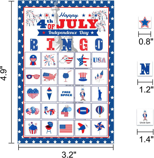32Players 4th of July Bingo Game – Patriotic Bingo Cards for Kids Adults Independence Day Party Supplies with 24 Caller Chips...