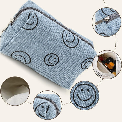 Cosmetic Bag 3PCS Pencil Pouch Smiley Face Bag Corduroy Cosmetic Bag Aesthetic Women Handbags Purses (BLUE)...