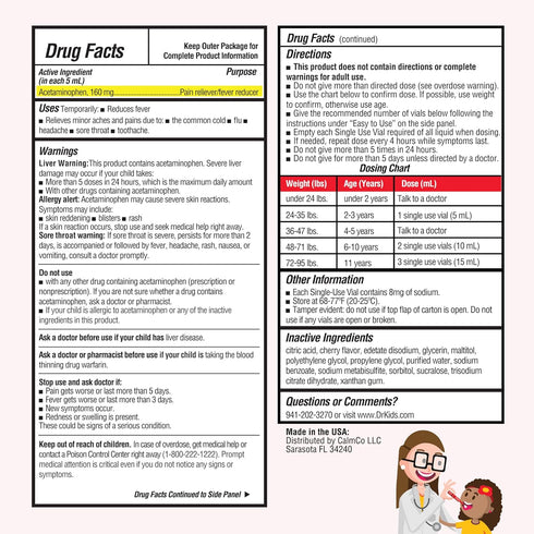 Dr. Kids Children's Pain and Fever Acetaminophen, Pre-Measured Single-Use Vials, Free from, Travel Compliant, 3.4 Fl Oz (20 Count)...