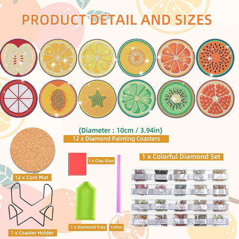 JHGCVX 12 Pcs Fruits Diamond Painting Coasters Kit,Diamond Art Coasters with Holder,DIY Lemon Watermelon Diamond Painting Coasters for Adults Begi...