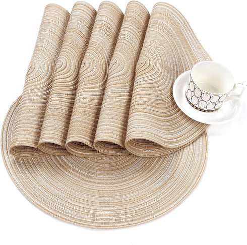 SHACOS 15 inch Round Braided Placemats Set of 6 Non Slip Heat Resistant Cotton Polyester Table Mats Washable Place Mats for Dinner Party Table Dec...