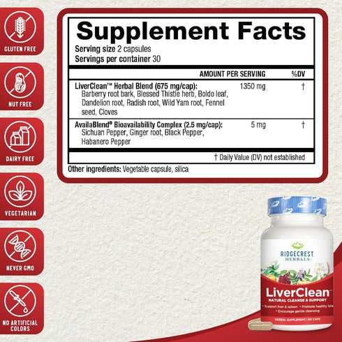 Ridgecrest Herbals LiverClean, Herbal Liver Support Supplement, Blessed Thistle, Dandelion, Detox, Cleanse Support, Healthy Bile (60 Caps, 30 Serv...