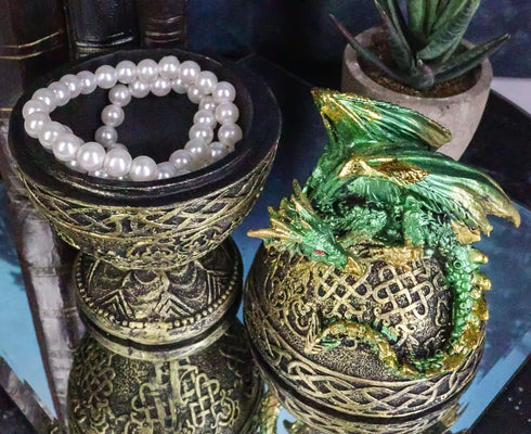 Ebros Gift Green Dragon Perching On Celtic Knotwork Tattoo Relic Golden Egg Decorative Jewelry Box Figurine 6.25" High Fantasy Myths Legends Dunge...