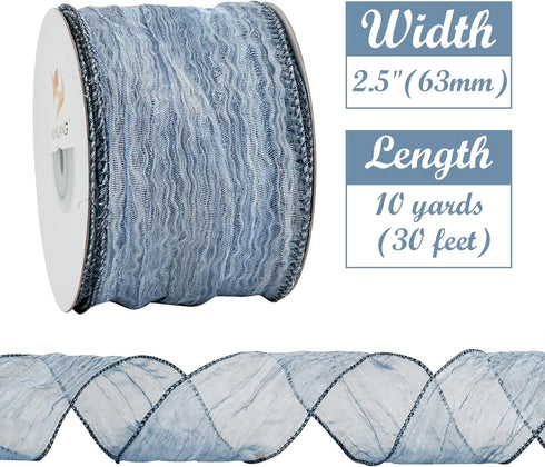 HUIHUANG Blue Wire Ribbon 2.5 inch Metallic Crinkle Dusty Blue Wired Ribbon for Bows Making Gift Wrapping Wreaths Holiday Home Decor DIY Crafts Ch...