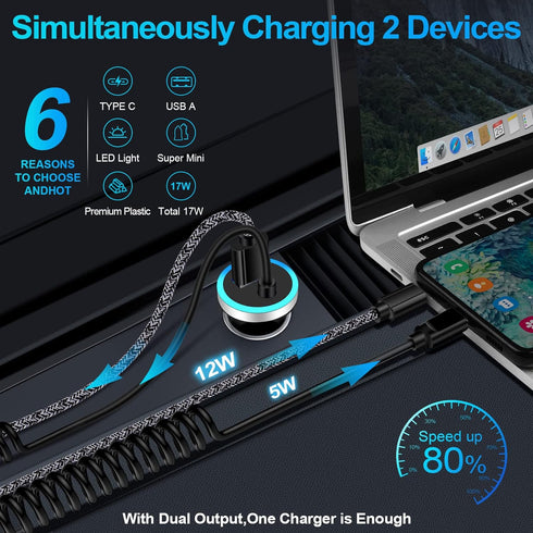 USB C Car Charger,3.4A Fast Car Charging Lighter Adapter+3ft Type C Coiled Cable for Samsung Galaxy S24 S23 S23+ S23 Ultra A15 A54 A14 A13 A53 S22...