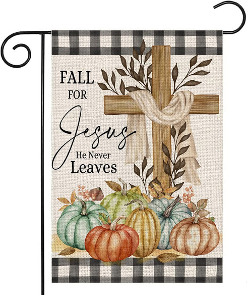 Fall Cross Garden Flag 12x18 Double Sided,Religious Cross Fall for Jesus Buffalo Plaid with Pumpkins Small Yard Flags for Outside,Seasonal Flags f...