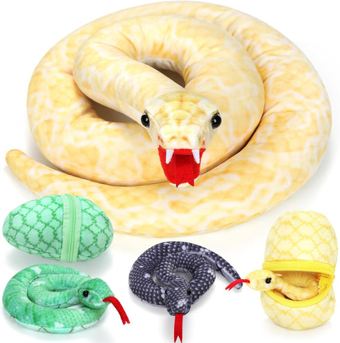 53 Inch Giant Snake Plush Mommy with 3 Babies - Mommy Snake with 3 Cute Babies & 3 Eggs Golden Python Realistic Snake Stuffed Animal Easter Gift f...
