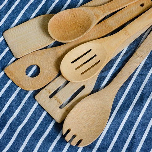 Bamboo Wooden Spoons & Spatulas Set - 6 Pieces Kitchen Cooking Utensils and 1 Holder, Heat Resistant for Non Stick Cookware...