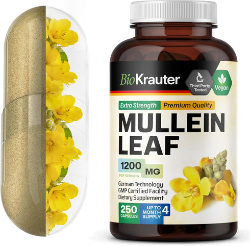 BIO KRAUTER Mullein Capsules for Lung Detox 1200 mg - 250 Count - Mullein Leaf Capsules for Respiratory Support - Vegan Lung Support Supplement - ...