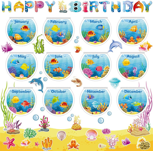 68PCS Happy Birthday Paper Bulletin Board Set Under The Sea Classroom Decoration Ocean Beach Theme Birthday Bulletin Board Decor Sea Life Cutouts ...