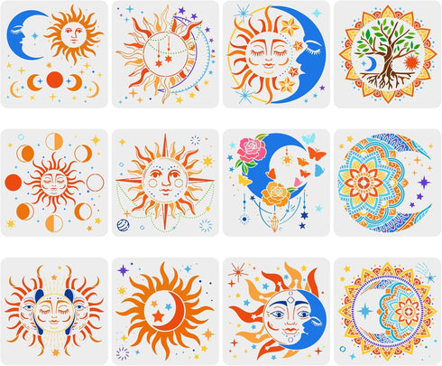 FINGERINSPIRE 12 Pcs Sun and Moon Stencil 11.8x11.8 inch Mandala Sun Moon Stencils Plastic Moon Sun Flower Star Pattern Stencils Resuable Tree of ...