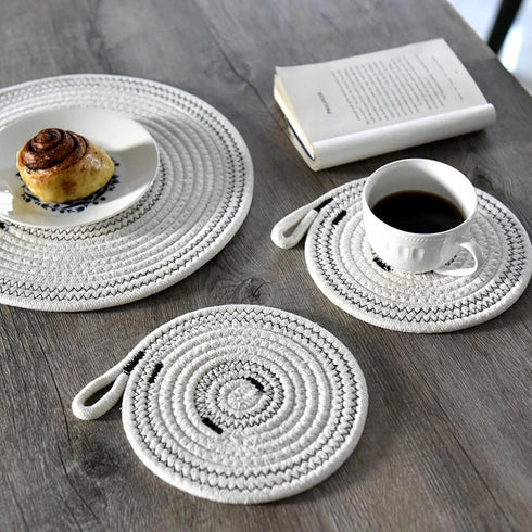 7 Inchs Trivets for Hot Dishes, 4 Pcs Woven Rope Trivets for Hot Pots and Pans, Heat Resistant Cotton Placemats with Hanging Ring for Home, Kitche...