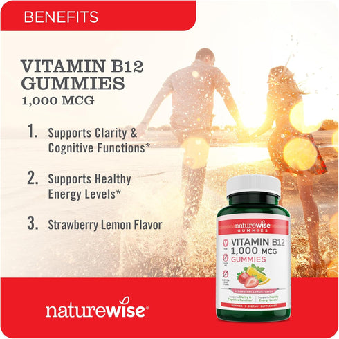 NatureWise Vitamin B12 Gummies for Adults, 1000 mcg - Strawberry Lemon Flavor - Supports Daily Energy, Mental Clarity, Cognitive Function - Vegan,...