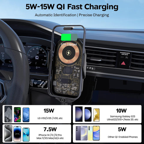 Wireless Car Charger with Phone Holder Mount, 15W-5W Qi Fast Charging Auto Clamping Car Charger Phone Holder Mount, for iPhone 15 14 13 12 11 Pro ...