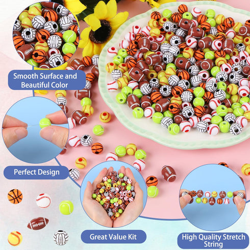 300 Pcs Sports Ball Beads for Jewelry Making, Acrylic Sports Beads Bulk, Baseball Basketball Volleyball Softball Football Tennis Beads with Stretc...