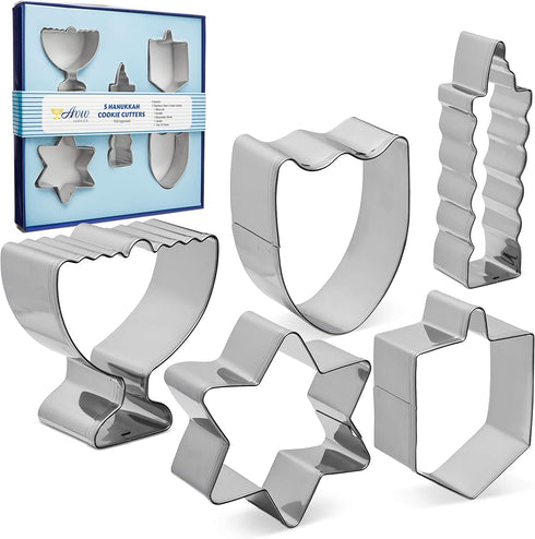 Hanukkah Fun Stainless Steel Cookie Cutters Molds Set of 5 Chanukah Story Shapes - Menorah - Dreidel - Candle - Maccabee Shield - Star of David...