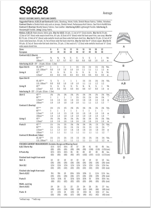 Simplicity Misses' Costume Skirts, Pants and Shorts Sewing Pattern Kit, Code S9628, Sizes 6-8-10-12-14, Multicolor...