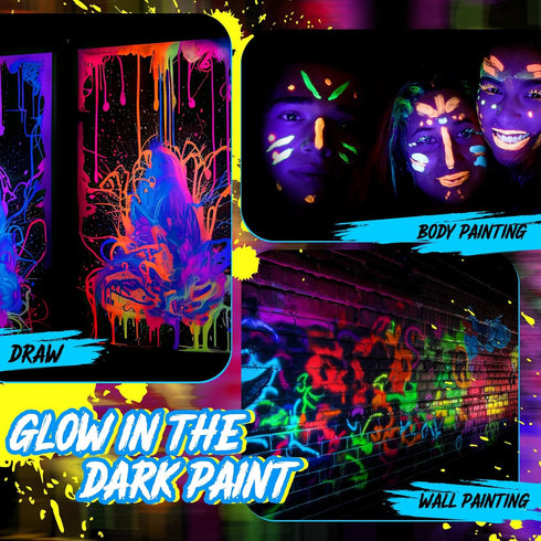 Fulmoon 6 Set Glow in The Dark Paint with Paint Brushes Black Light Neon Face Body Paint UV Acrylic Paint Set for Kids Halloween Christmas Paintin...