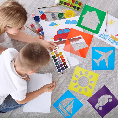 24 Pieces Stencils for Kids 8 Inches Drawing Stencils Chalk Stencils Large Washable Geometric and Garden Themed Primary Shape Template for Kids To...