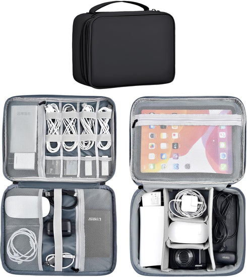 Large Capacity Electronics Accessories Organizer Travel Case with Adjustable Divider Waterproof Leather Cord Organizer Case Shockproof Tech Organi...