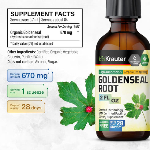 Goldenseal Root Supplement Drops - Organic Goldenseal Tincture - Vegan, Alcohol & Sugar Free Liquid Extract - 2 Fl.Oz....
