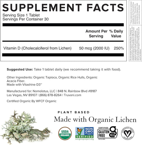 Truvani Vitamin D3 from Organic Lichen (30 Tablets)...
