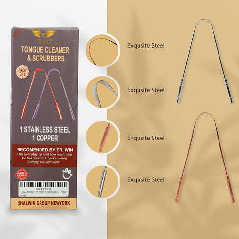 TONGUE CLEANER FOR ADULT .100% GENUINE 1 PC .COPPER + 1 PC STAINLESS STEEL TONGUE SCRAPER STOP BAD BREATHE.1 ACERO INOXIDABLE + 1 COBRE., brown...