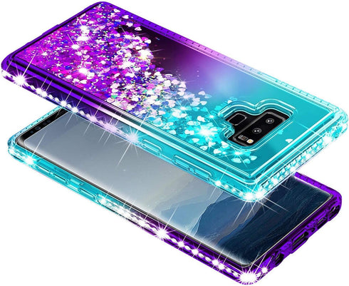 Case for Samsung Galaxy Note 9 with Screen Protector (Maximum Coverage, Flexible TPU Film), Ring Holder/Wrist Strap, Sparkle Glitter Flowing Liqui...
