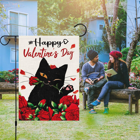 Happy Valentine's Day Garden Flag with Black Cat and Rose Floral Pattern Burlap Double Sided Yard Flag 12 x 18 Inch Garden Decoration for Valentin...