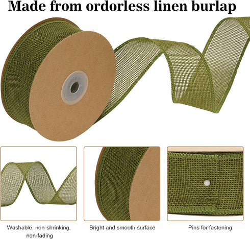 Sage Green Wired Burlap Ribbon, 1-1/2" x 11 Yards Wired Ribbons, Wide Burlap Ribbon with Spool, Wired Ribbon for Gift Wrapping, Arts and Crafts, P...