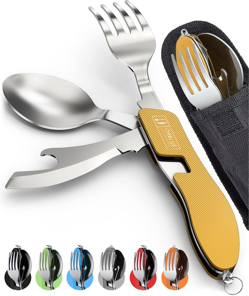 Orblue 4-in-1 Camping Utensils, 2-Pack, Portable Stainless Steel Spoon, Fork, Knife & Bottle Opener Combo Set - Travel, Backpacking Cutlery Multit...