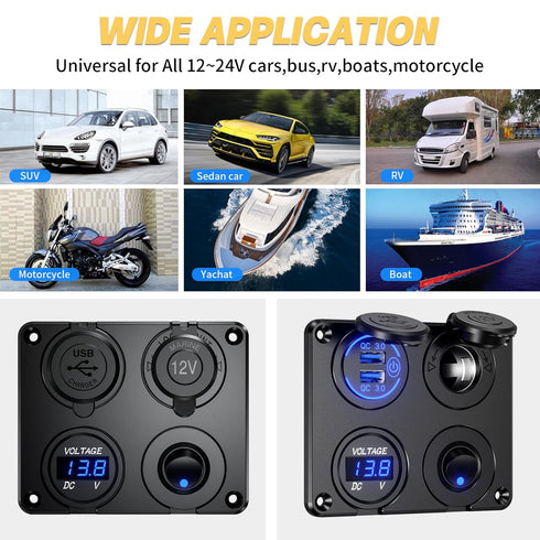 4 in 1 12V Outlet Charger Socket Panel, 36W Power Dual QC 3.0 USB Car Charger Outlet Socket, Cigarette Lighter Socket with LED Voltmeter Rocker To...