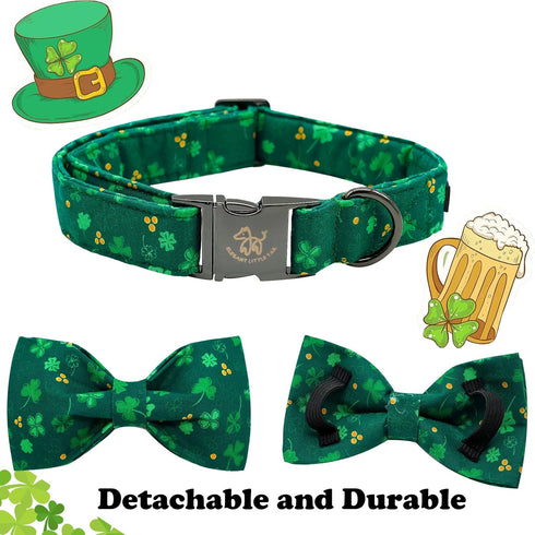 Elegant little tail St. Patrick's Day Dog Collar, Dog Collar with Bow, Green Clover Dog Collar Pet Gift Dog Bowtie Adjustable Dog Collar for Large...