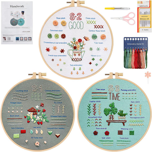 ASTNIC 3 Sets Embroidery Kit for Beginners, Cross Stitch Kits with Flower Mushroom Pattern Hoop Needle Kit DIY Knitting Kit Arts and Crafts for Ad...