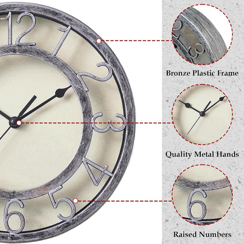 SAC SMARTEN ARTS 8" Silent Quartz Wall Clock Non-Ticking Digital Silver Clocks with 3D Numbers and Plastic Bezel Easy to Read Vintage Wall Clock...