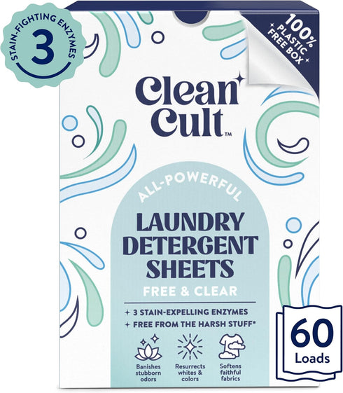 Cleancult Laundry Detergent Sheets - 3 Stain Fighting Enzymes - Concentrated Liquidless Laundry Detergent Sheets - Fragrance Free - 60 Loads - Fre...