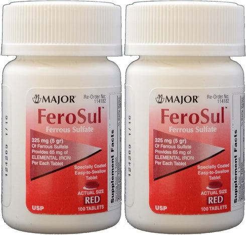 Ferrous Sulfate FC 325mg (5GR) Generic for Feosol Red Tablets 100 Tablets per Bottle 2 PACK Total 200 tablets...