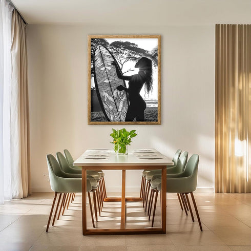 Posterizer 1 pcs-black and white art-woman at the beach with surfboard 2-Coastal & Nautical Art Gift for Nature, Surfers and Beach Lovers - unfra...