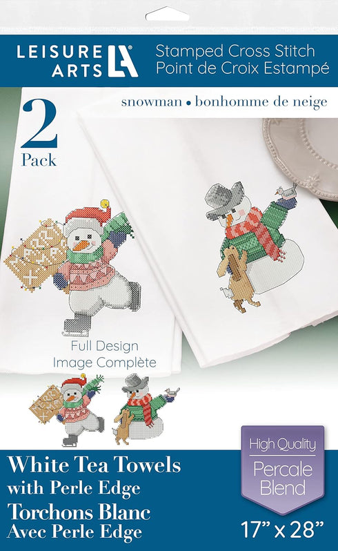 Leisure Arts Tea Towel 17"x28" Snowman 2pc, towel set, embroidery kit, bathroom hand towels, kitchen towel, cross stitch kits, stamped cross stitc...