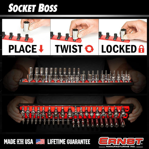 Ernst Manufacturing Socket Organizer Rails - Socket Boss 2-Rail 1/2-Inch-Drive Twist-Lock Socket Holder, 13-Inch, Red (8494) - Made in the USA...