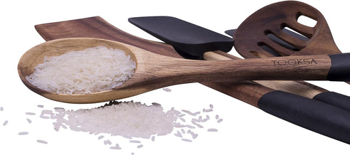 TOOKSA- Premium 5 Piece Acacia Multi-Toned Light and Dark Wooden Spoon, Turner and Spatula Utensil Set with Silicone, Rubber, Non-Slip Handles (Bl...
