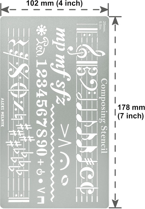 Aleks Melnyk No.424 Metal Stencil, Song Writer's Composing Template for Music Notes, 1 PC, Large Symbols, Bullet Journaling, Bookmark, Engraving W...