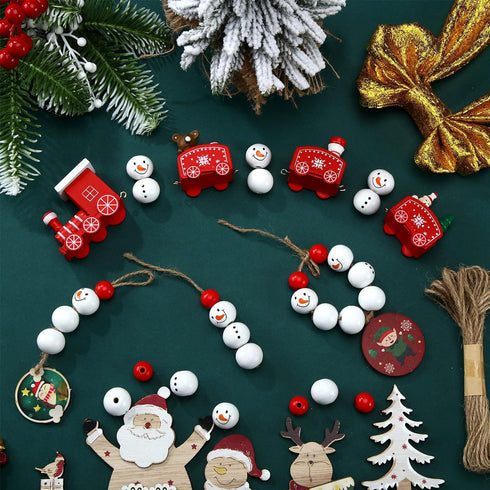 Christmas Snowman Wooden Beads Rustic Farmhouse Beads Polished 160 Pieces Christmas Wooden Beads Wooden Craft Beads with 32.8 Feet Rope Craft Supp...