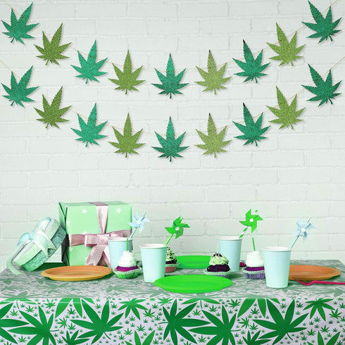 2 Pieces Pot Leaves Weed Banners and 51.2 x 86.6 Inch Weed Tablecover Green Hawaii Tropical Palm Leaves Banner Tablecloth for Pot Leaf Felt Birthd...
